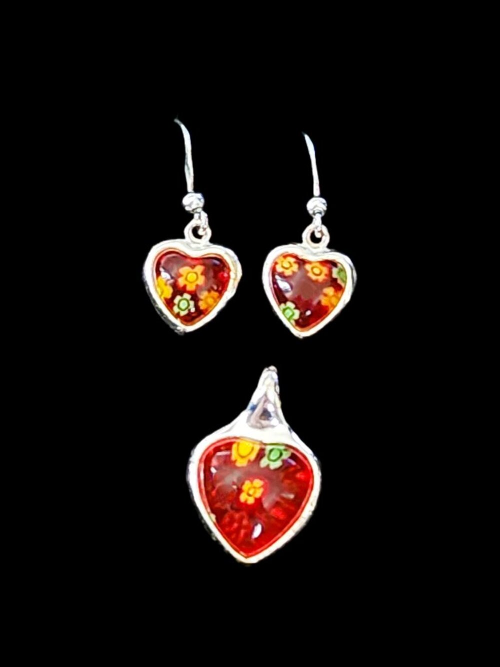 VTG 90s Mexico Sterling Silver Millefiori Red Art Glass Heart Earrings & Pendant